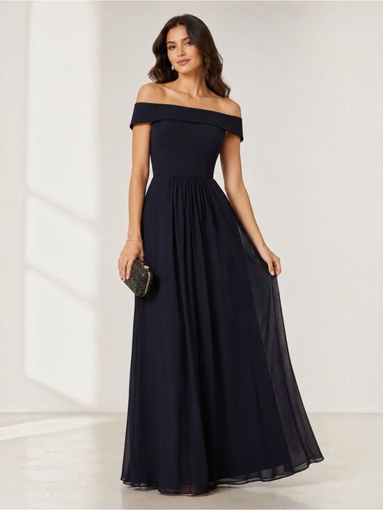 Adrianna Papell Dresses & Skirts - Adrianna Papell Off Shoulder Crepe Chiffon Long Formal Evening Gown Navy 2 NEW